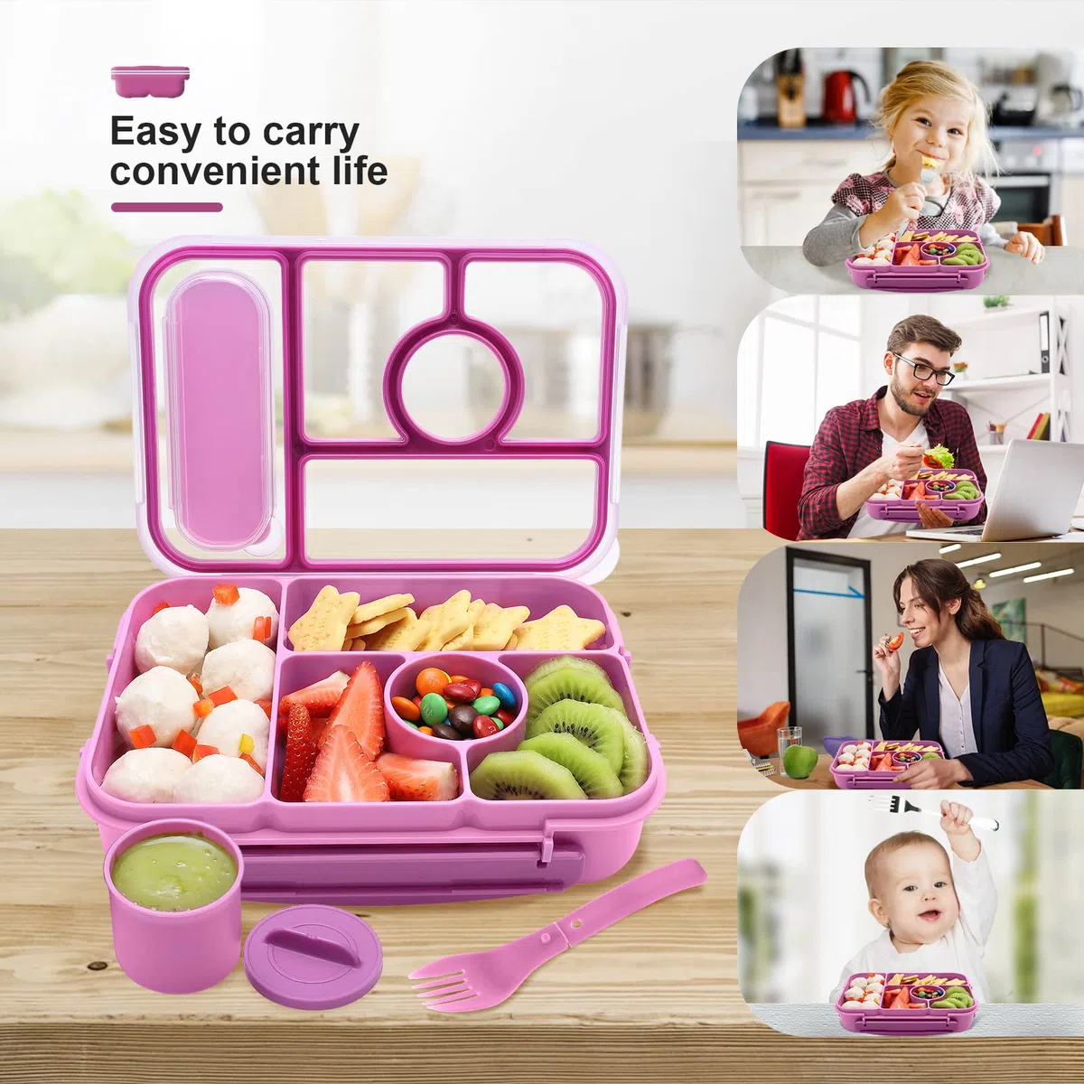 Amathley Fiambrera Infantil,Lunch Box Kids/Adultos,1300ML Bento Box Kids con 5 Compartimentos y Recipientes Para Salsas, Para Microondas y Lavavajillas,Sin BPA (Morado)