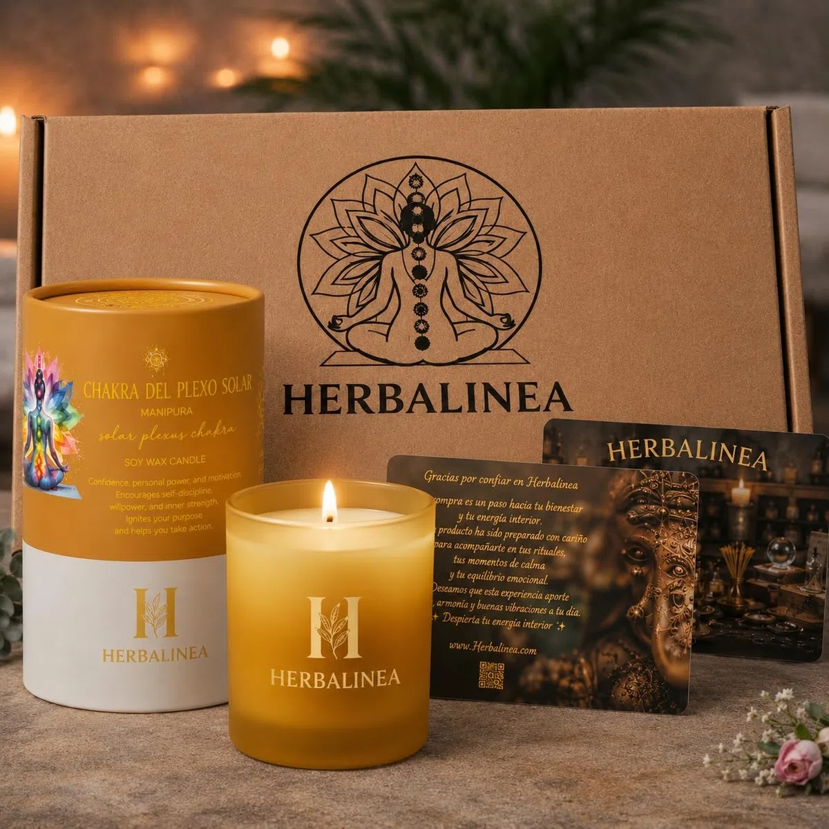 Vela Chakra de Soja 100% con Piedras Naturales y Flores Secas, Vela Aromática para Meditación, Yoga, Relajación y Decoración, Regalo Original, 160 g (Amarillo - Chakra Plexo Solar)