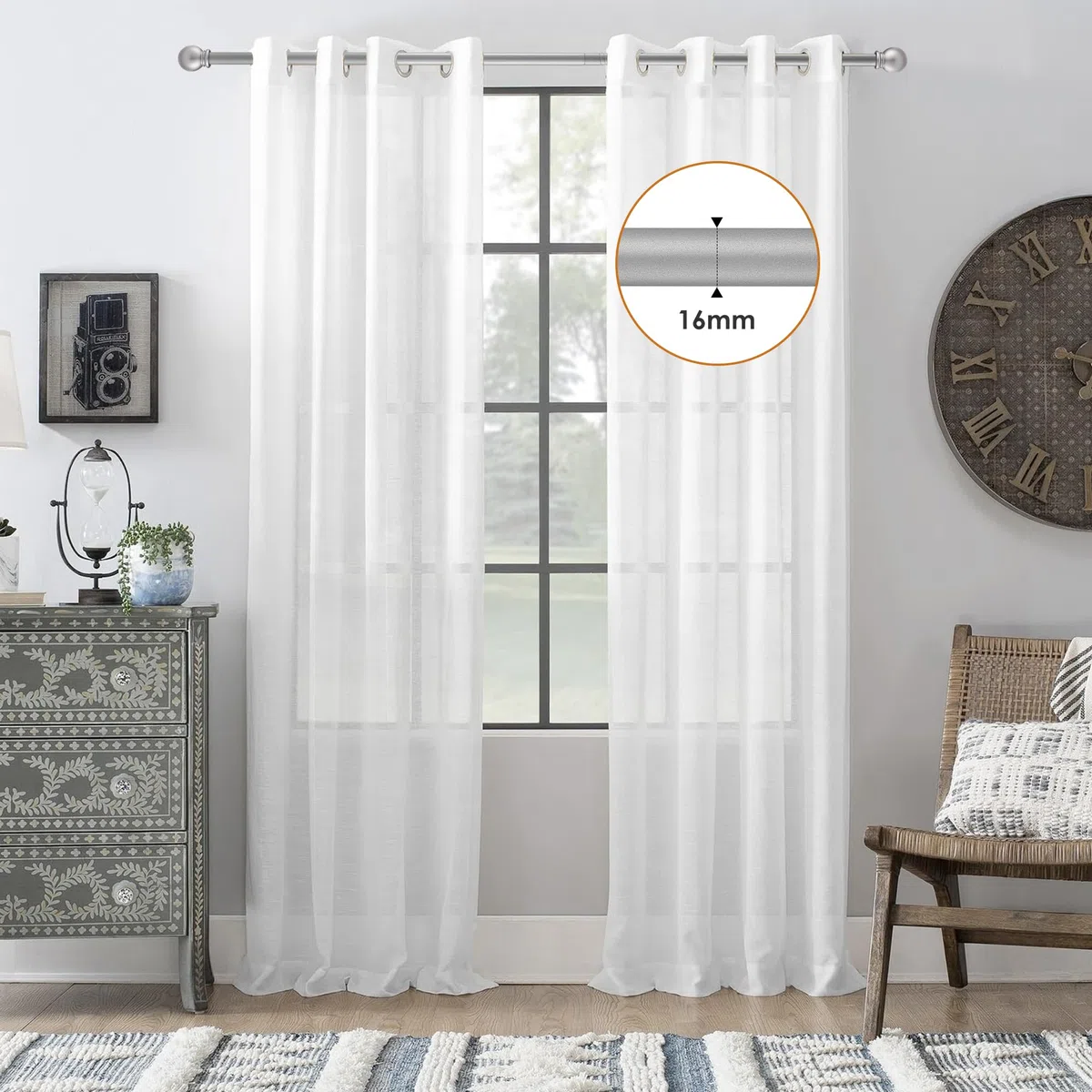 Barra de Cortina 3m con Extremos Redondos y Soporte, 67-307cm Barra Cortinas Moderna en Plata para Ventanas de Dormitorio y Salón