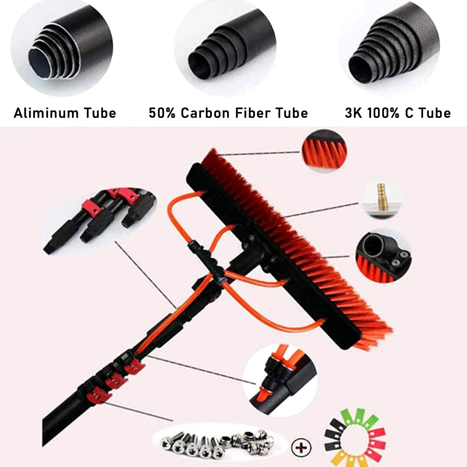 Kit de limpieza de paneles solares y ventanas, cepillo extensible de 35 cm con poste de suministro de agua de 10 m, ideal para limpieza de techos de invernadero, herramienta de limpieza eficiente al