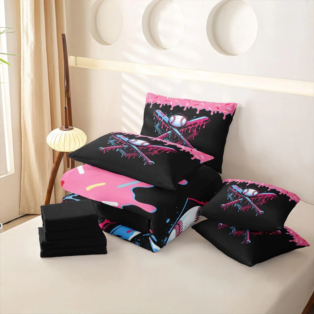Loussiesd Juego de funda de edredón de béisbol tamaño Super King de 7 piezas, ropa de cama para niños y niñas, juego de cama con funda de edredón, sábanas, fundas de almohada, fundas de cojín