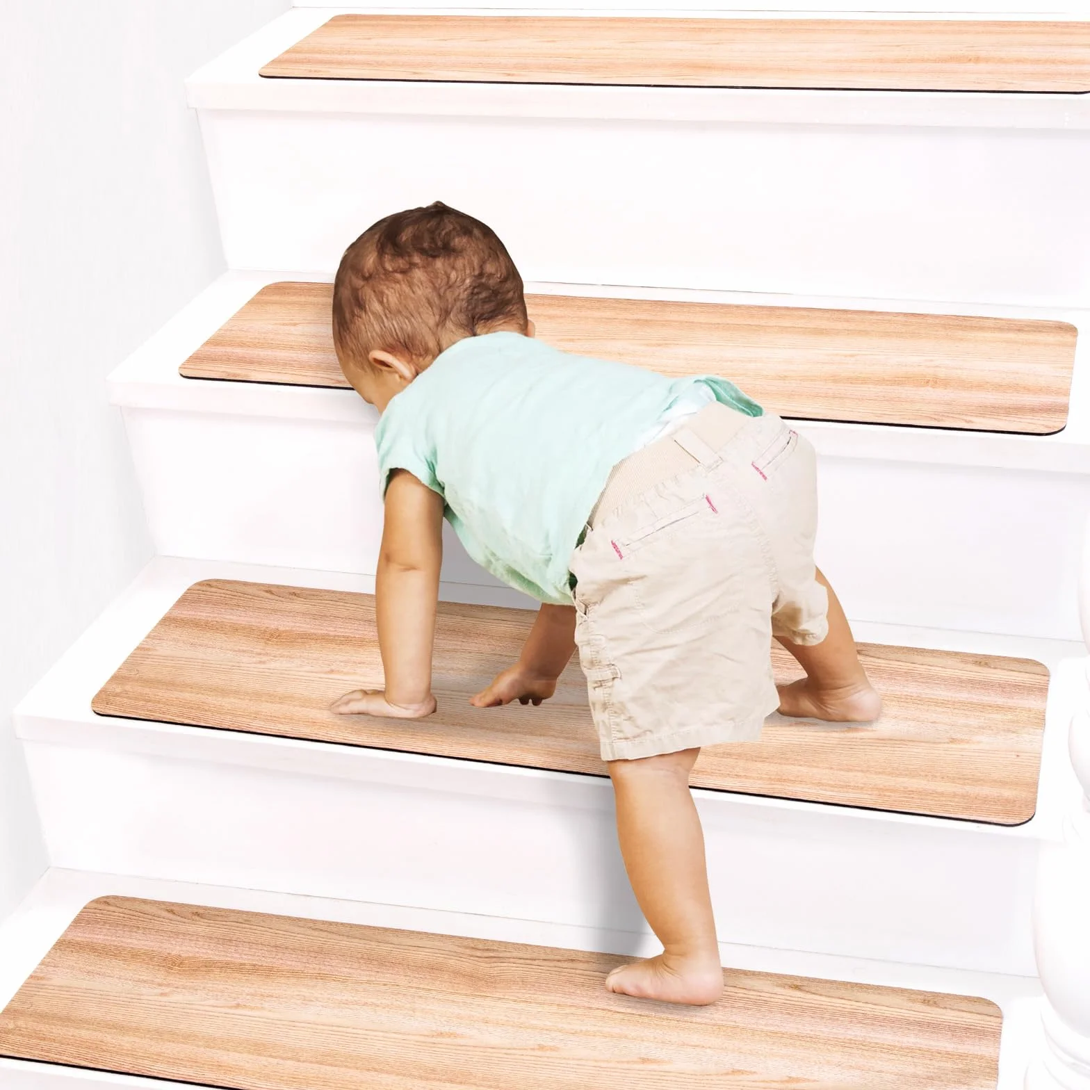 Goma antideslizante para alfombras, cinta antideslizante para escalones, tiras de moqueta color madera marrón, 76 x 20 cm, 15 unidades (incluye cinta adhesiva de doble cara)