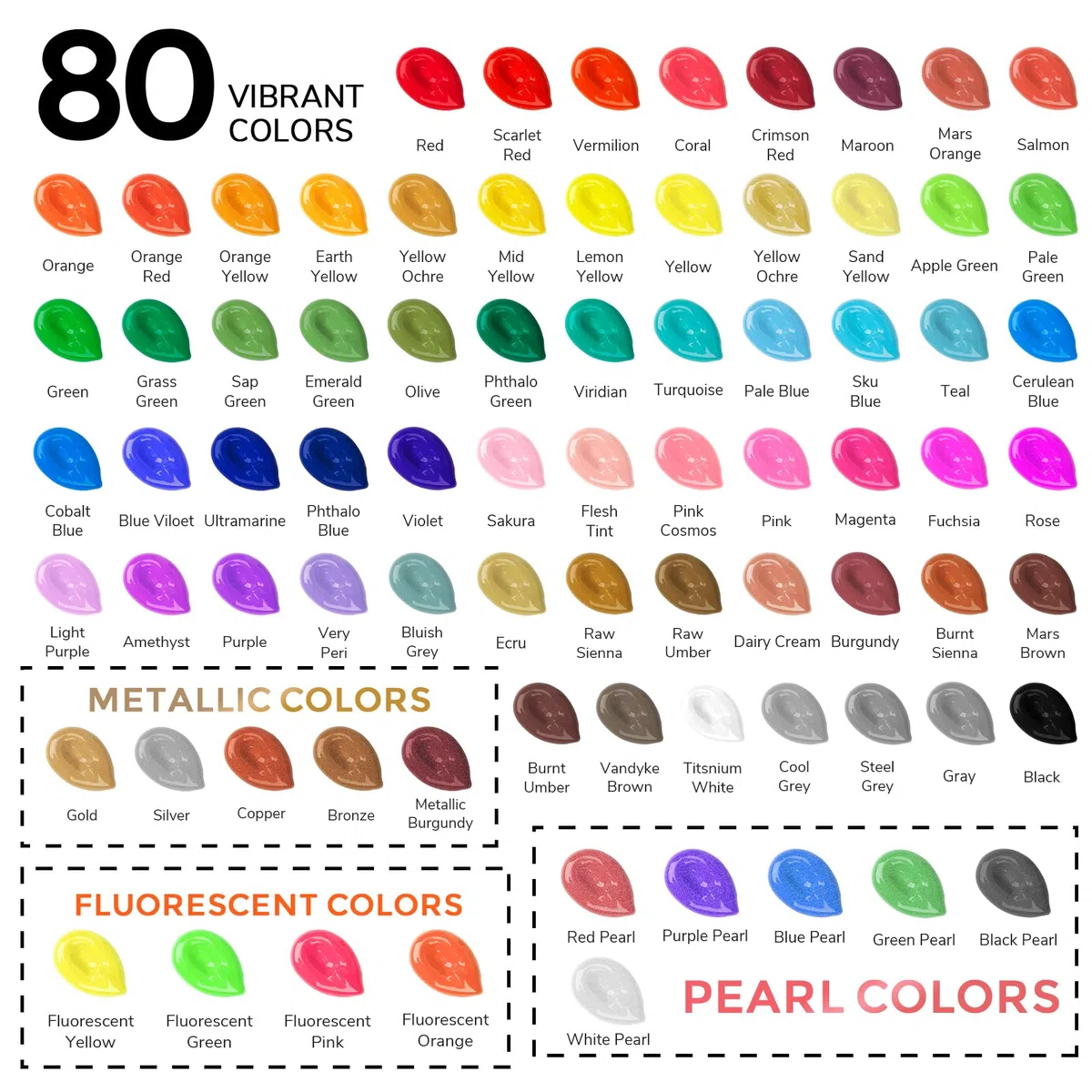 ABEIER Juego de pintura acrílica profesional de 80 colores, botellas de 60 ml, pigmentos ricos, no tóxicas, impermeables para principiantes, artistas y estudiantes en madera, rocas, lienzo