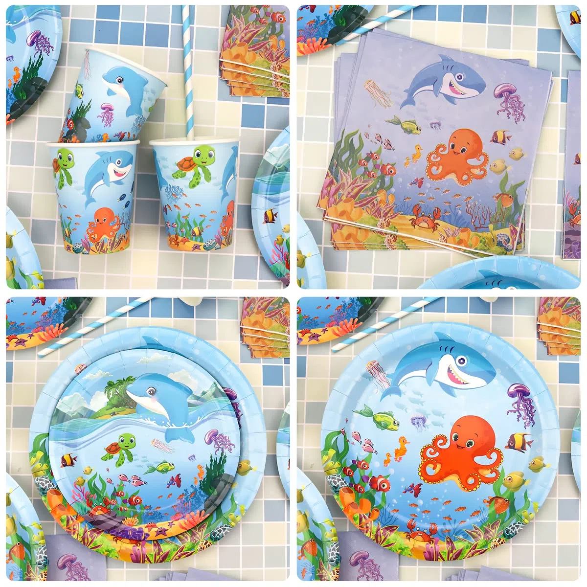 Suministros para fiestas temáticas bajo el mar - Vajilla para fiestas Ocean Sea - Platos llanos Postres Platos Vasos Servilletas Mantel Pajitas, sirve 40
