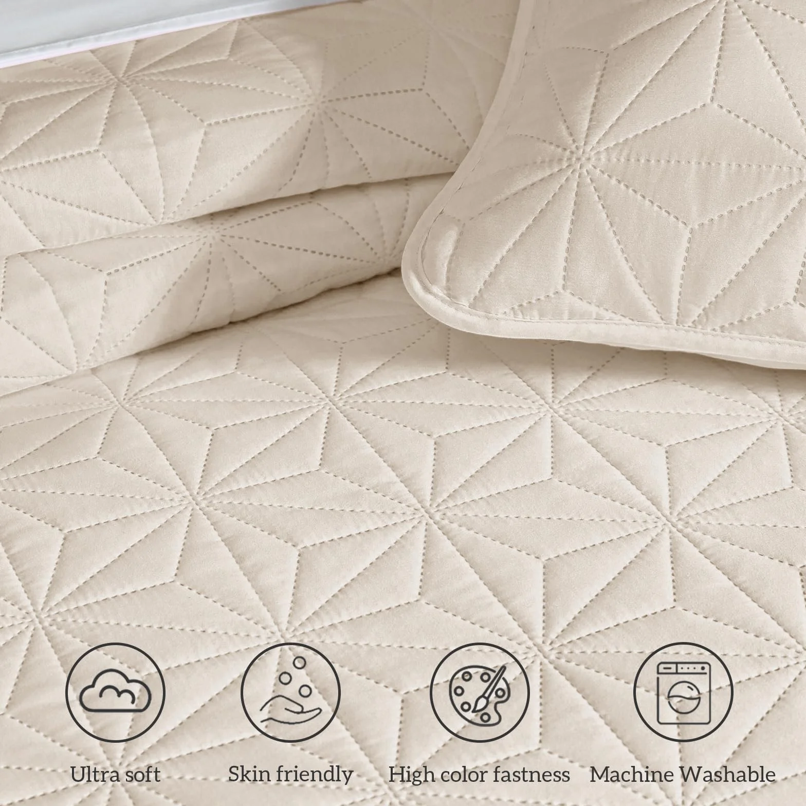 Whale Flotilla Colcha Bouti para Cama 220 x 240 cm, con 2 Fundas de Almohada, Colcha para Suave y Ligera con Diseño Geométrico para 4 Estaciones, Beige
