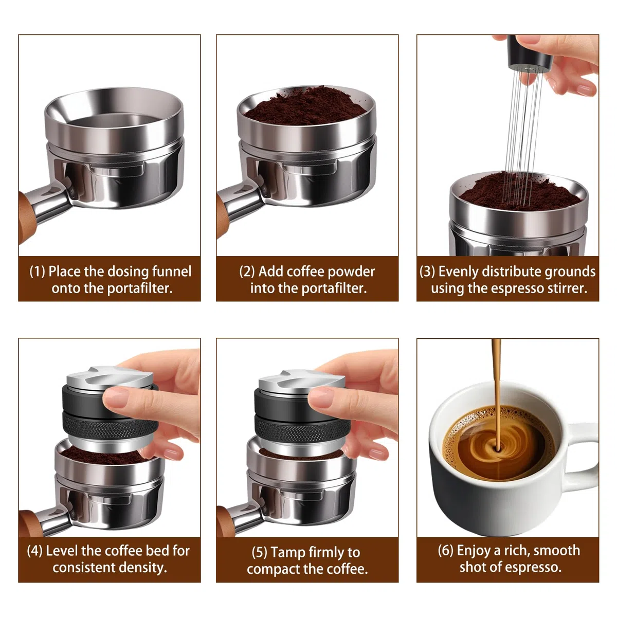 Set Accesorios Cafe 51mm, Kit Barista con Tamper 51mm, Anillo Dosador 51mm, Herramienta WDT Cafe 12 Agujas (0.35mm), Distribuidor Cafe 51mm y Alfombrilla Silicona - Prensador de Cafe para Cafeterías