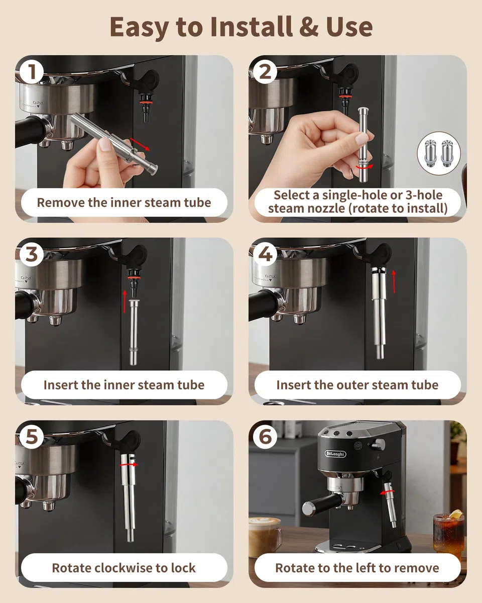 MOWETOO Boquilla de Vapor para Cafetera - Boquilla Espumadora Inoxidable para Cafetera Espresso, Tubo para De’Longhi Dedica EC680 EC685, Una Abertura y Tres Aberturas, Upgrade Latte Art