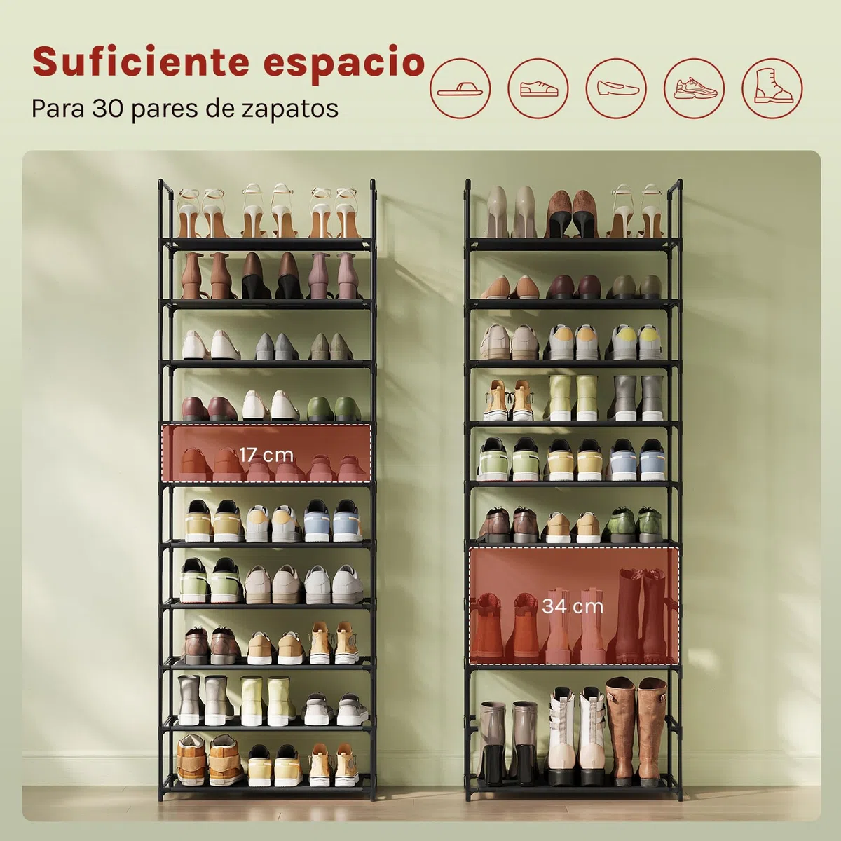 WOLTU Estantería de Zapatos, Zapatero de 10 Niveles, Organizador de Zapatos para Pasillo, Salon y Pasillo, Estantes de Metal, Estantes Estrechos y Extraíbles, 61x28x174 cm, Negro