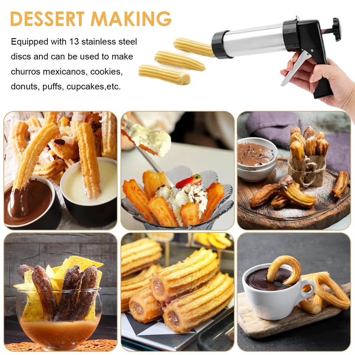 Máquina para Hacer Churros, Churreras Manuales, Prensa para Galletas con 13 Plantillas, Jeringuilla Cocina con 8 Boquillas, Repostería Casera, para Churros, Galletas y Decorar Postres
