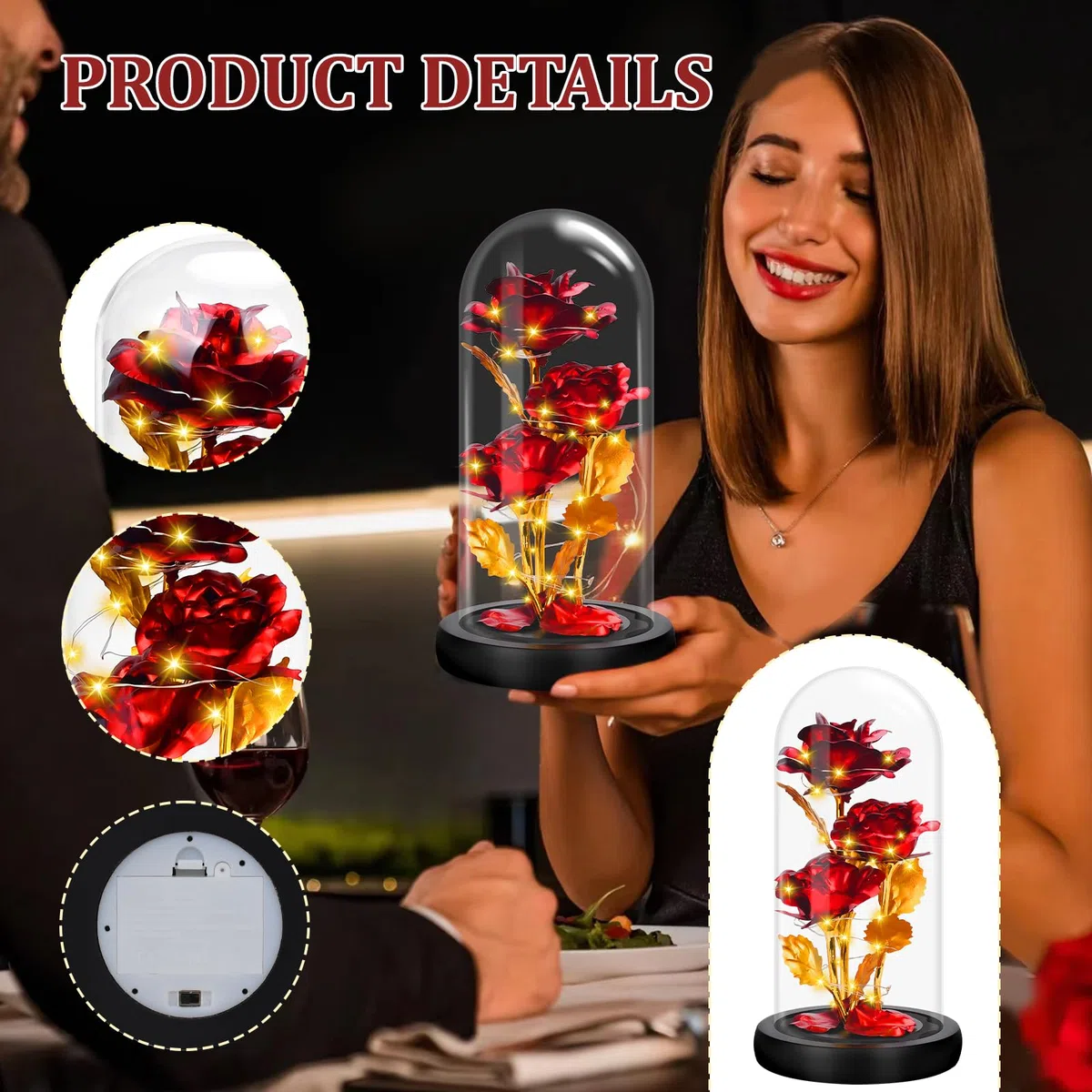 UCAMP Rosa Eterna,La Bella y la Bestia Rosa Eterna,Elegante Cúpula de Cristal con Base Pino Luces LED,Base de Madera,1 Tarjeta de Amor,para Mamá,Damas,Navidad,Boda,Aniversario,Día de la Madre
