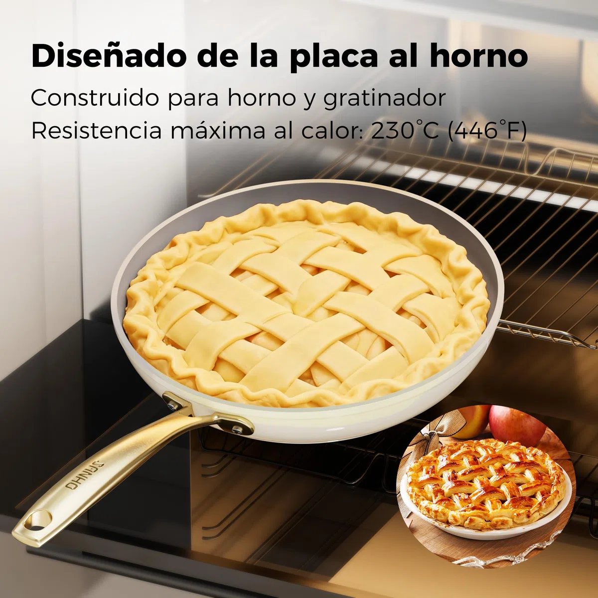 Sanho Sartén antiadherente con mango dorado (8-10-12 pulgadas, 3 piezas)