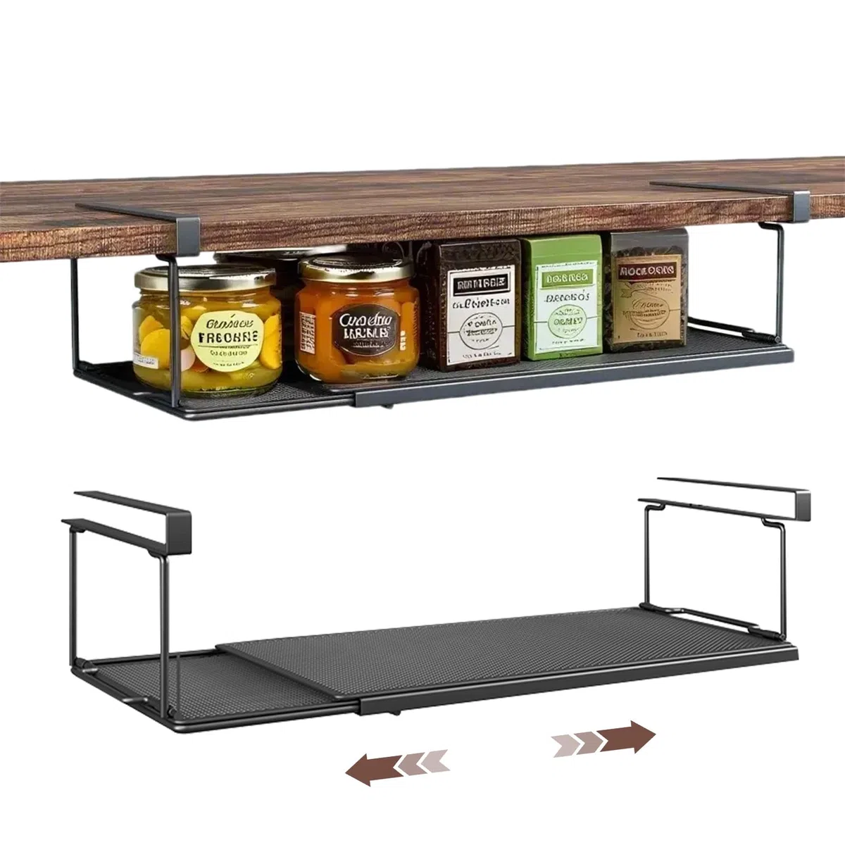 Cesta colgante extensible de metal, estante inferior, cesta de almacenamiento, cesta colgante para estantería, sin agujeros, para cocina, armario, oficina y despensa (negro, estándar)