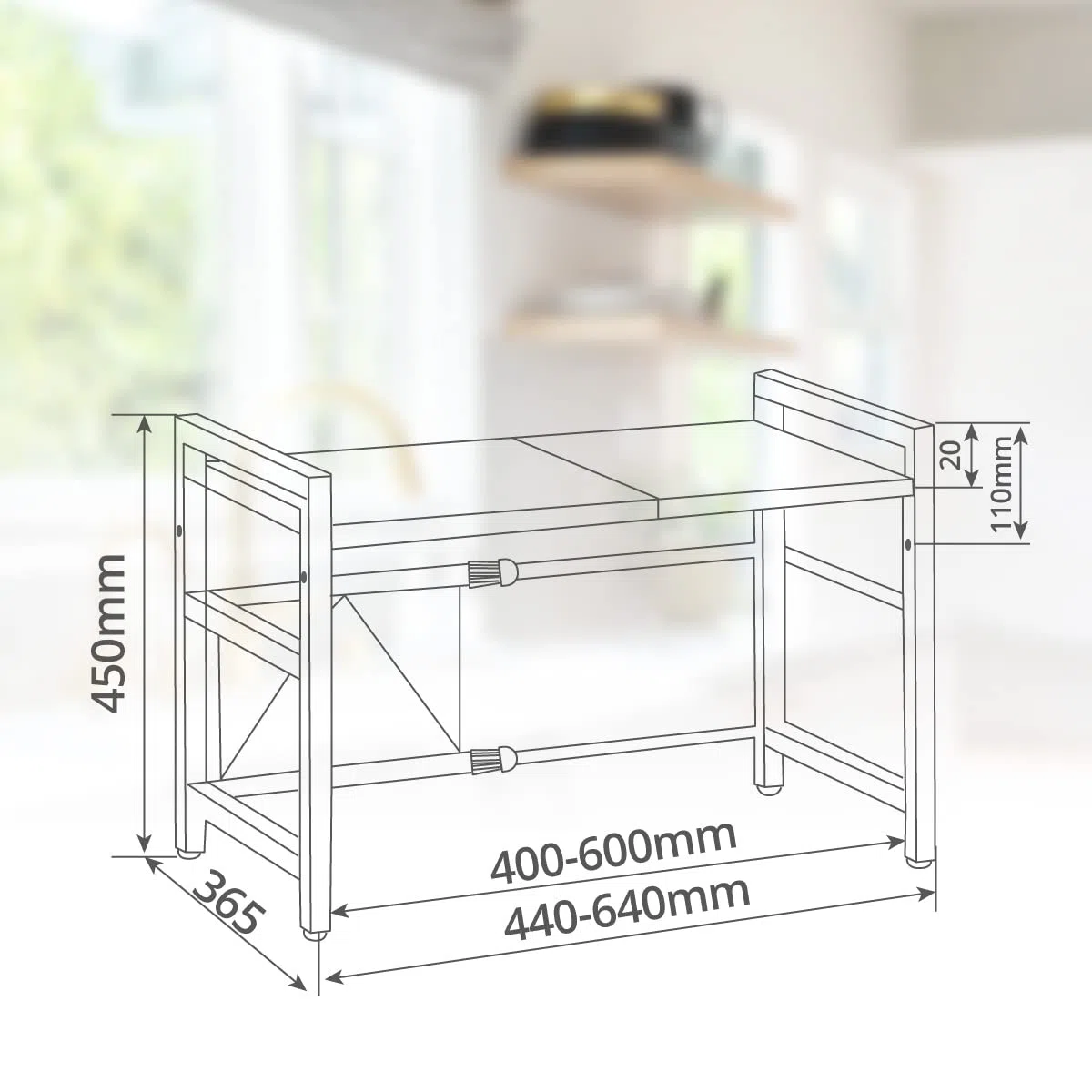 HOLMIOS Soporte para Microondas Extensible | Estante Organizador para Encimera | Multiusos | hasta 20kg | Estable y Antideslizante | 2 Niveles | Color Negro