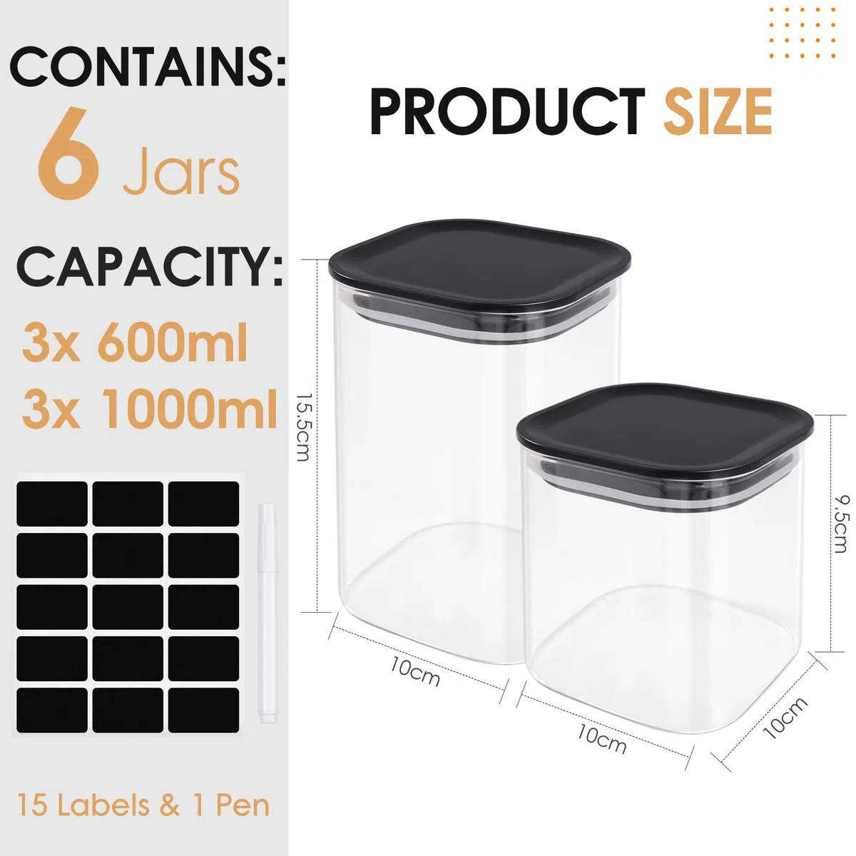 6PCS Tarros de Cristal con Tapa 1000ml/600ml, Herméticos & Apilables - Botes de Cristal con Tapa Cuadrados - Botes Cocina Almacenaje para Pasta, Cereales, Legumbres, Café