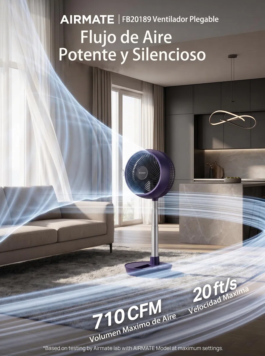 AIRMATE 63cm Ventilador de Pie Silencioso, Ventilador Potente con Ajustable y DiseñO Plegable 90°+170°, 8 Velocidades 8h Control Remoto 30db Ventilador de Suelo Ideal TambiéN Para Uso En Escritorio