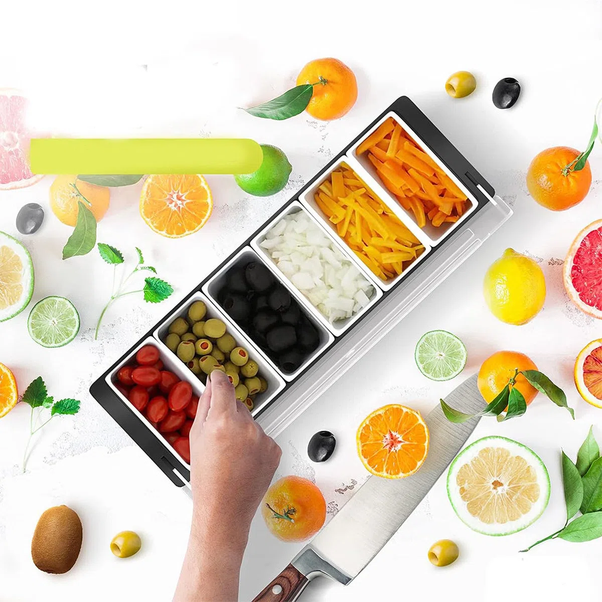 Juego de accesorios multiusos para bar, bandeja de exhibición de frutas y condimentos, organizador de guarnición de cóctel, plato decorativo enfriado con hielo para heladerías y bares (6)