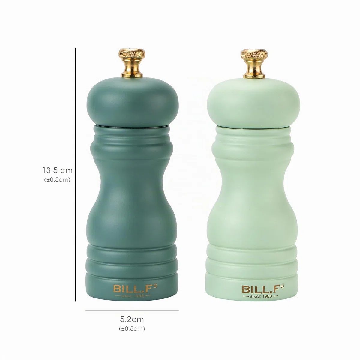 Bill.F - Juego de molinillos de sal y pimienta de madera, juego de 2 molinillos de sal y pimienta manuales, recargables de 5 pulgadas con rotor de molienda de cerámica ajustable (juego de 2 verde)