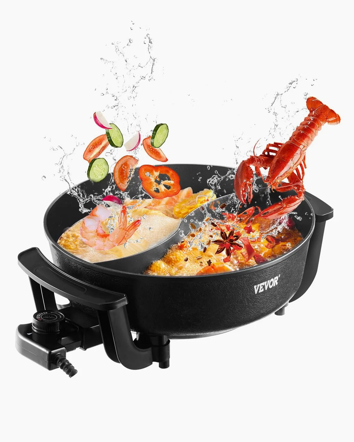 VEVOR Olla Eléctrica 1360 W, 5 L, Doble Sabor, Antiadherente, con Divisor, Tapa de Cristal Transparente y Control de Temperatura, para 6-10 Personas, Cenas Familiares Fiestas, 300 x 300 x 110 mm