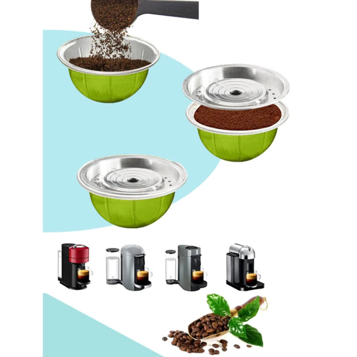 Tapa de Cápsula de café Reutilizable, Tapa de Cápsula de Acero Inoxidable 304 Tapa de Sello de Cápsula de café Recargable Reutilizable para Cápsulas Recargables con Pala y