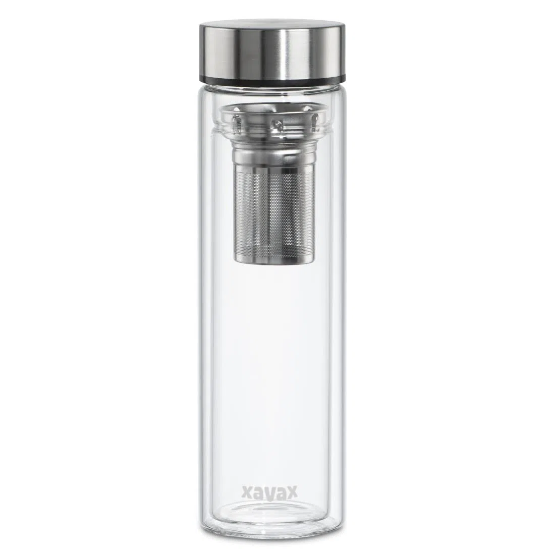Xavax | Botella de cristal de 450ml con funda protectora (Mantiene la temperatura 2h, Con un colador de té, Hermético, Apto para bebidas carbonatadas y para alimentos), Transparente