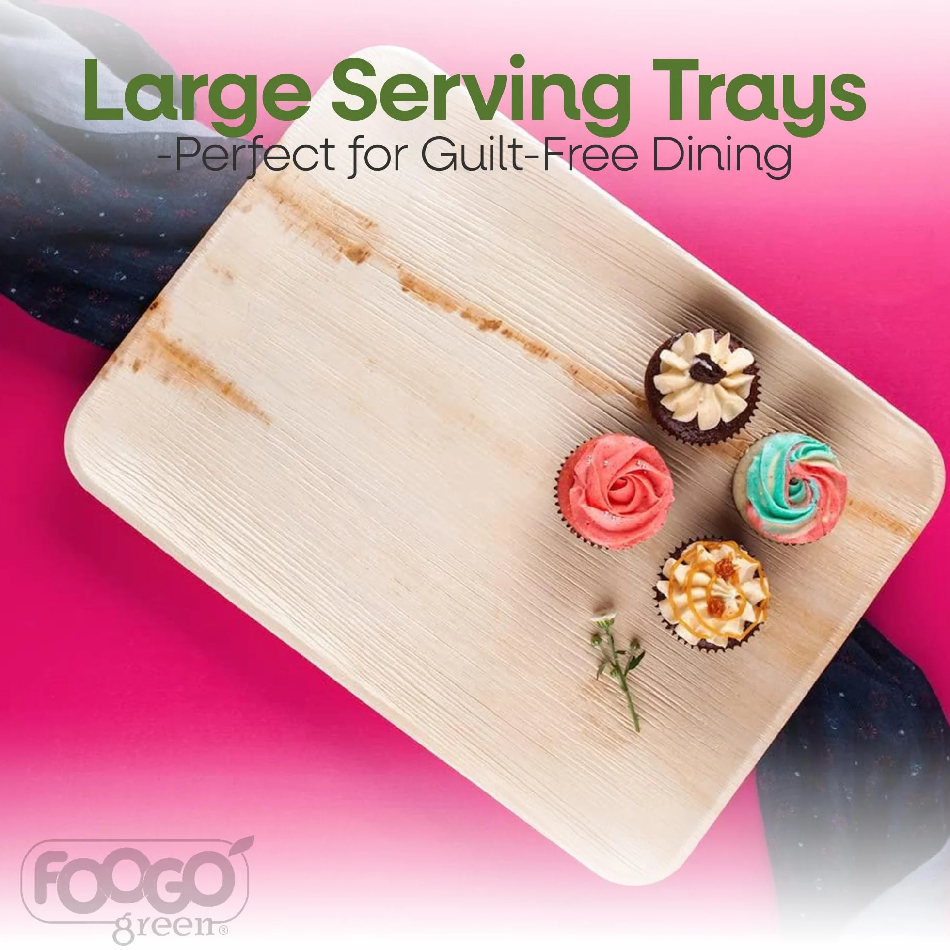 FOOGO Green 10 Bandejas Desechables de Hoja de Palma, Grandes 35x25 cm, Pizza, Entrantes, Canapés, Charcutería, Resistentes Como las Bandejas de Madera para Comida Caliente y Aperitivos