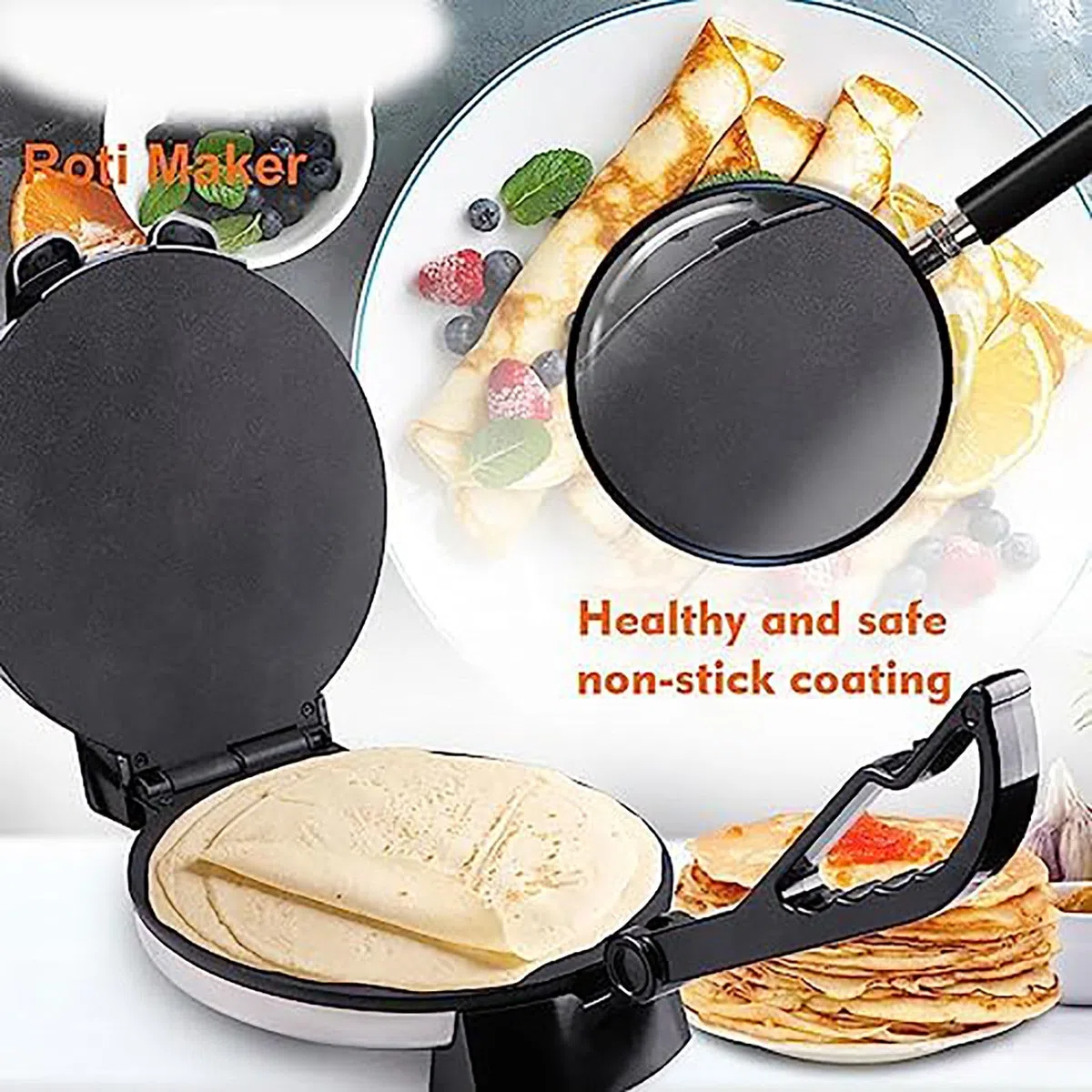 Crepera De 12 Pulgadas, Máquina para Hacer Panqueques Antiadherente De 1800 W: FabricacióN Pita,CalefaccióN De Doble Cara + Indicador Led, Haga Chapati/Tortilla FáCilmente