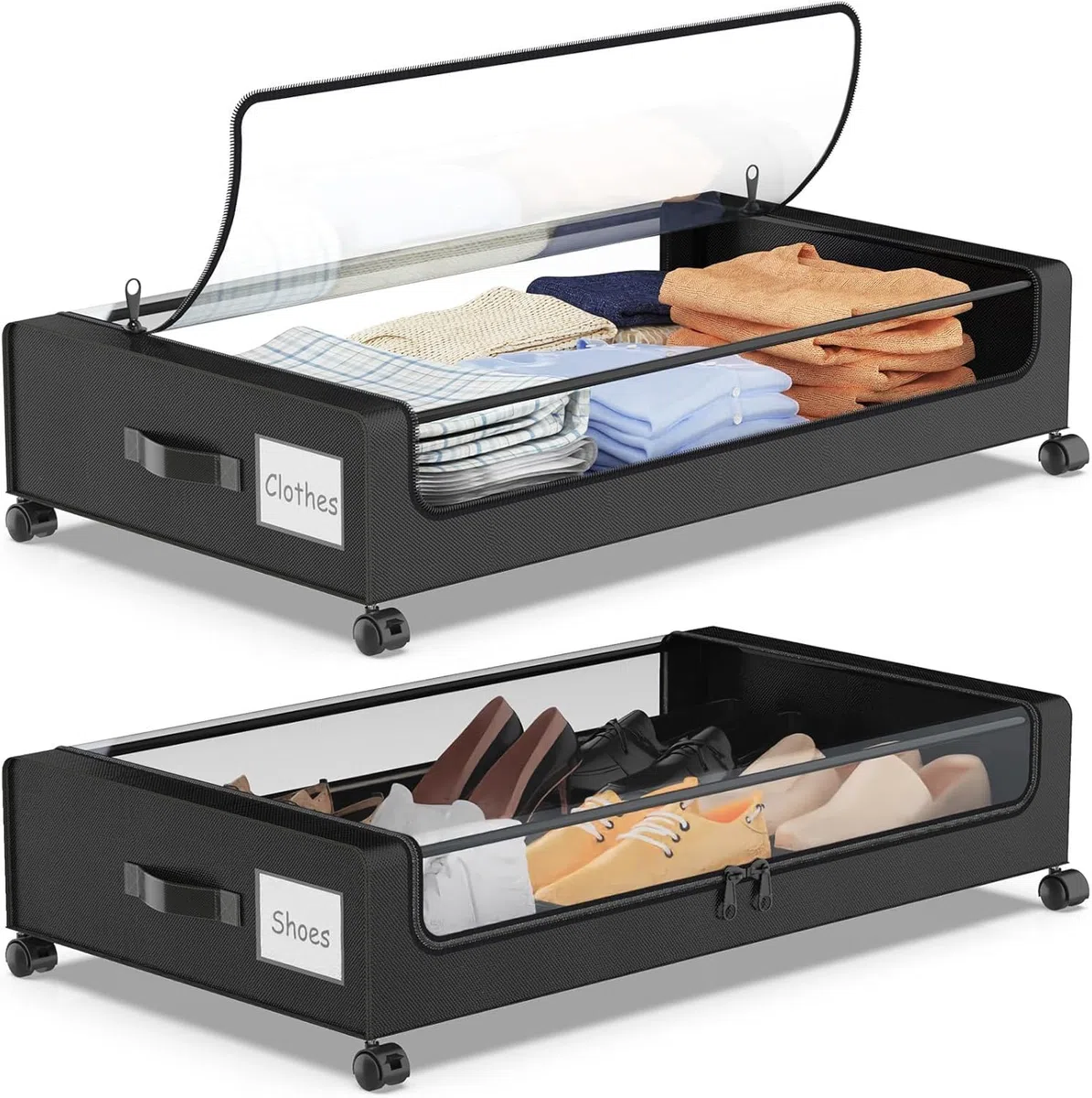 Caja de Almacenamiento Debajo de la Cama Con Ruedas y Marco Metálico,2 Piezas Versátil Organizador Ropa Para Zapatos Mantas Juguetes,Grande Capacidad,Negro,2 Piezas