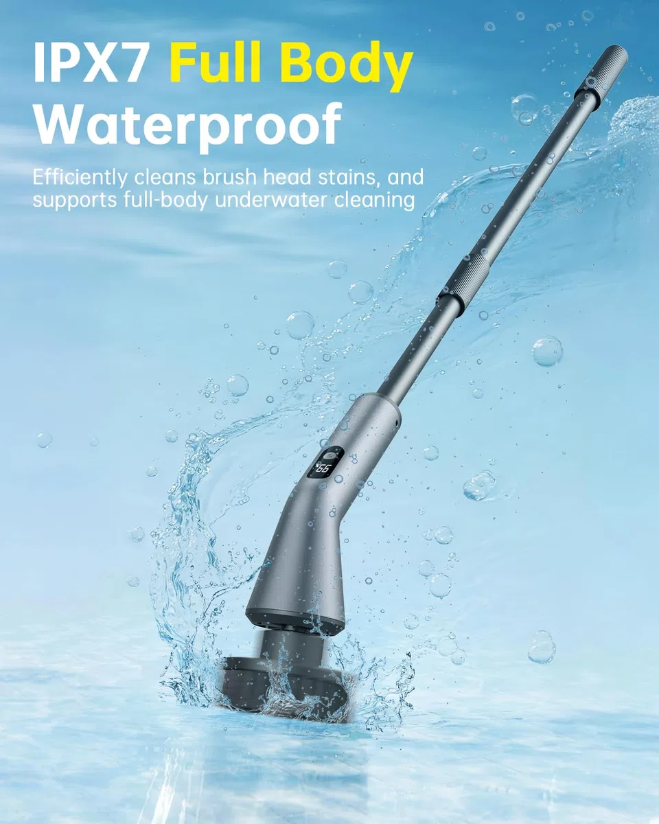 Limpiador giratorio eléctrico, IPX7, impermeable, doble velocidad, cepillo de limpieza inalámbrico con 7 cabezales de cepillo, mango largo extensible para baño, ducha, bañera, tina, vidrio, azulejos