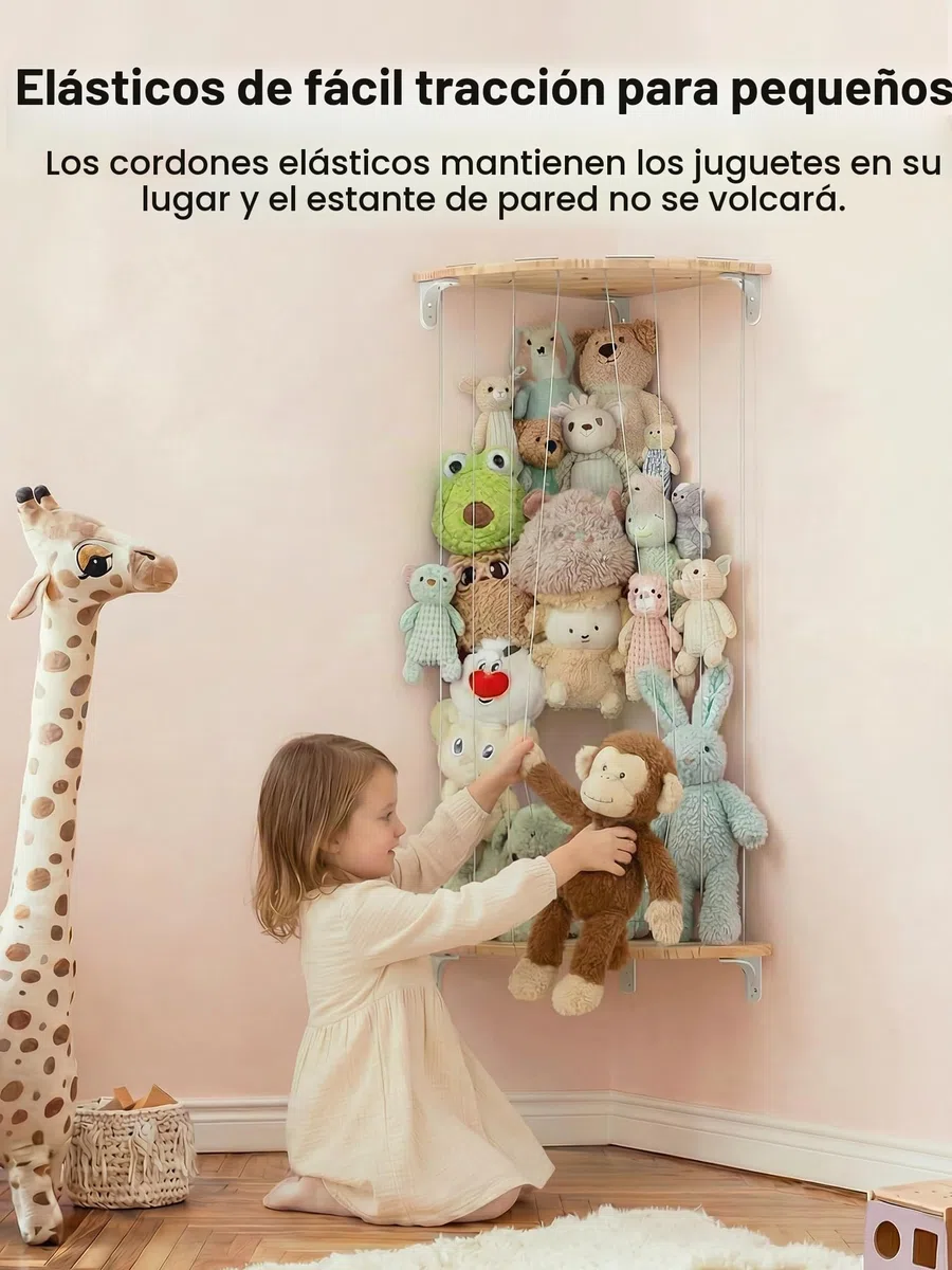 SUNMON Organizador Peluches de Pared Ajustable, Madera Maciza con Diseño de Estrellas, Estante Peluche Colgante, 111-180 cm de Altura, Almacenamiento Juguetes para Habitación Infantil
