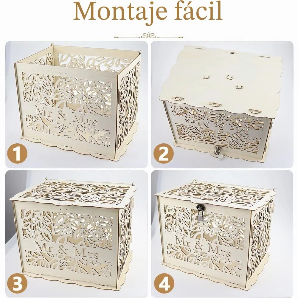 Caja de Madera para Tarjetas de Boda 30x23x23cm - Caja Tarjeta de Regalo Grande con Letrero y Cerradura para Decoración de Boda y Aniversario - Mr & Mrs