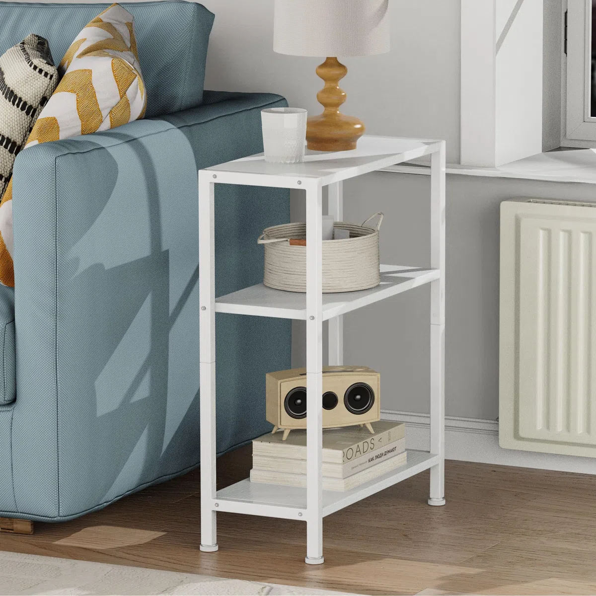 Mueble Auxiliar,Pequeña Mesita Mesa Auxiliar para Sofá Espacios Estrechos, Mesa Auxiliar Delgada Mesita de Noche para Sala Estar Dormitorio Oficina Blanco