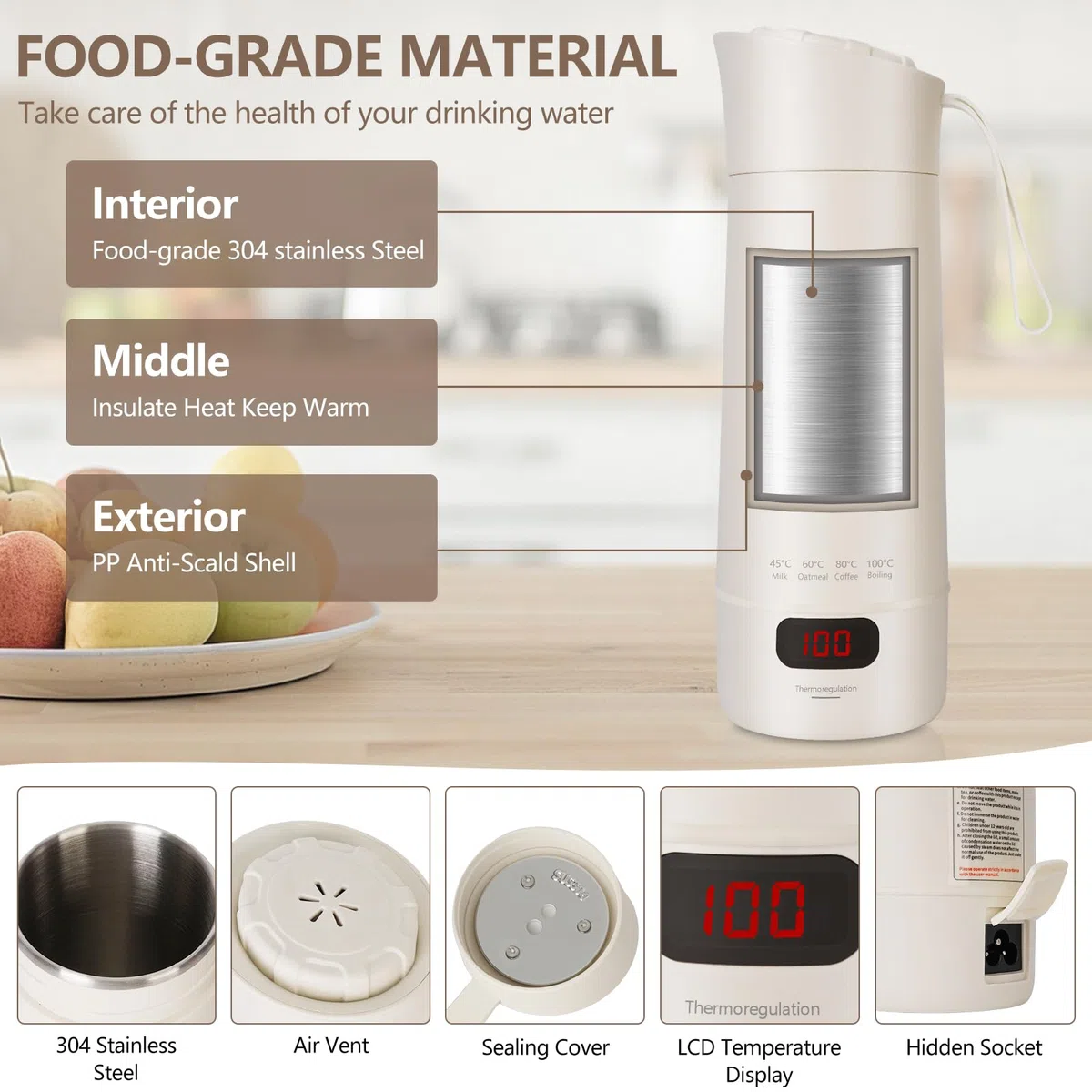 Pequeño hervidor de agua portátil, 400ML Hervidor de Viaje, 3 en 1 Mini Taza de Agua Eléctrica, 4-Temperaturas, Materiales Inoxidables, Apagado Automático, para Hacer Leche, Café y Té