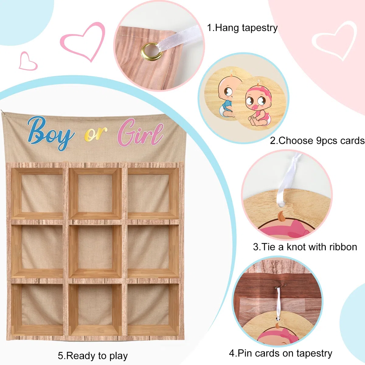 ANPUNAT Juego para Bebés, Juego de Tres en Raya para Revelar el Género del Bebé (Niño o Niña), Kits de Decoración para Baby Shower y Anuncios de Embarazo