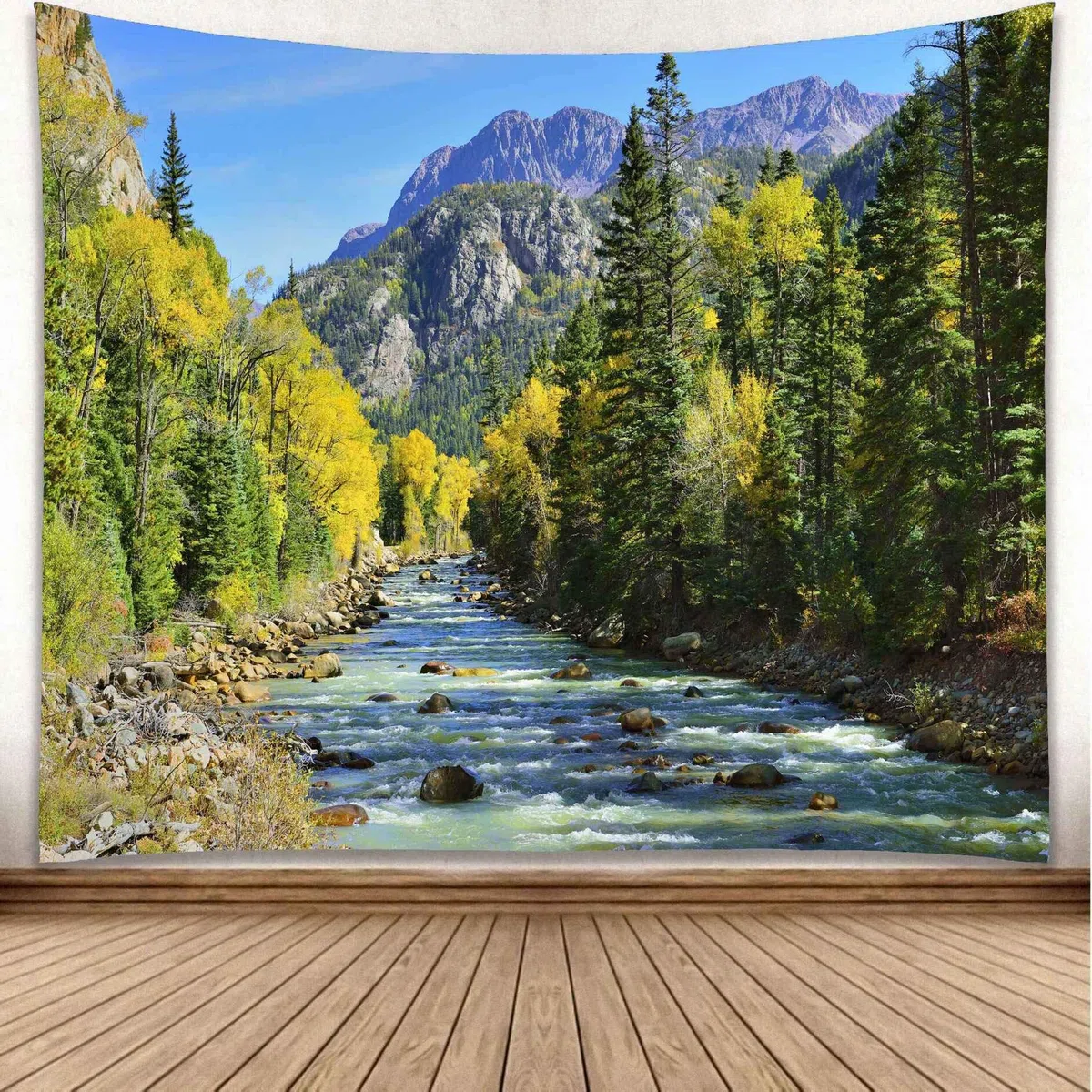 YISURE Tapiz de pared de bosque de montaña corriente, paisaje de la naturaleza pintoresca verde pino árbol de pared Tapices 274 x 208 cm para dormitorio sala de estar