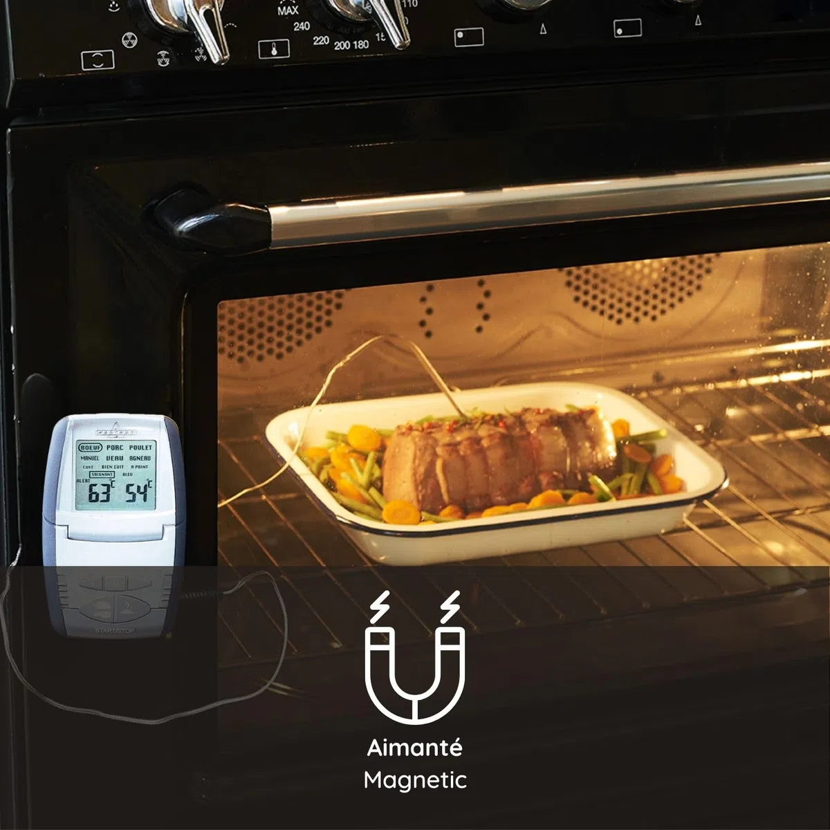 MASTRAD – Termosonda de cocción m classic + – Sus recetas cocinadas a la perfección, temporizador integrado – caja magnética – compatible con horno e inducción – asa 100% silicona – pila LR3 incluida