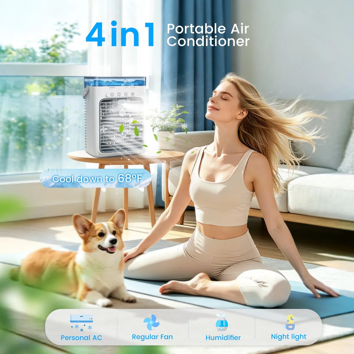 Aire Acondicionado Portátil Sin Tubo 4 en 1, Mini Aire Acondicionado Portátil, Climatizador Evaporativo USB, 3 Velocidades, 2 Modos Niebla, Depósito 1000ML, Temporizador 2/4/8H, Silencioso Ventilador