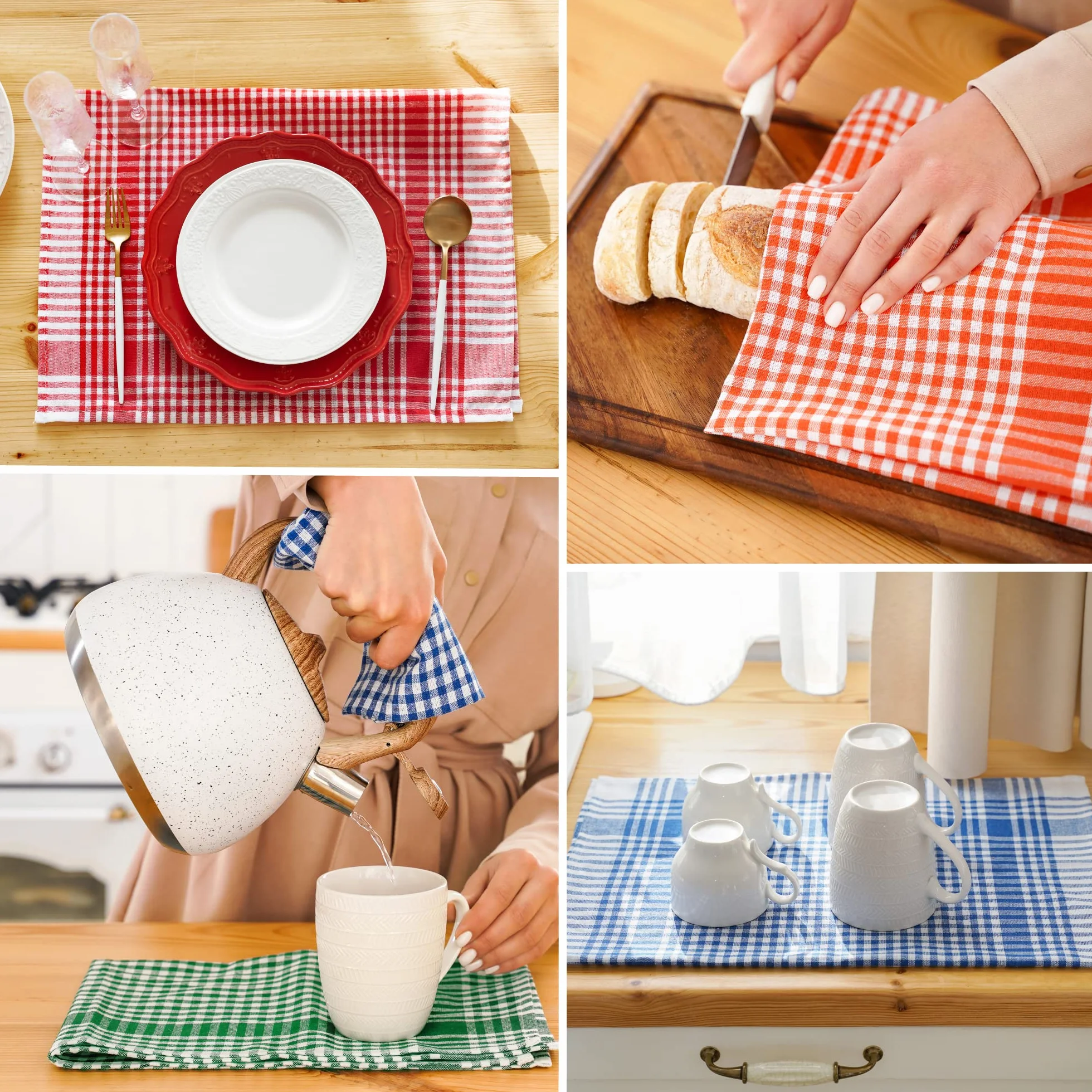 Twinzee - Set de 10 Textiles de Cocina a Cuadros - 100% Algodon - 47 x 67 cm - Diseño Retro - Paños de Cocina para secar la vajilla y Las Manos - 2 Azul, 2 Rojo, 2 Verde, 2 Naranja, 2 Amarillos