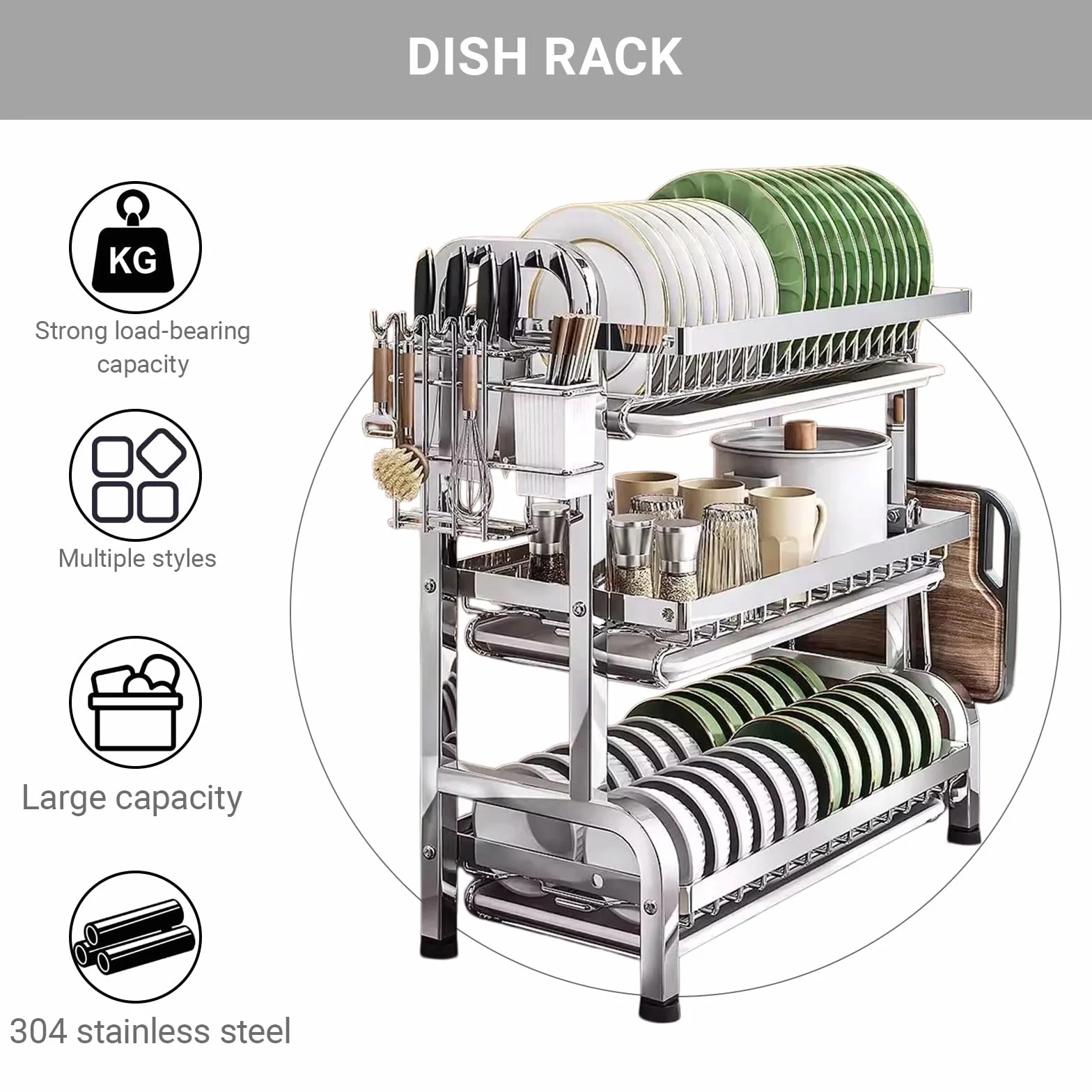 Escurridor de platos de acero inoxidable de 3 niveles, cocina que ahorra espacio con bandeja de goteo para platos, vasos y tablas de cortar (53 x 24 x 60 cm), acero 304