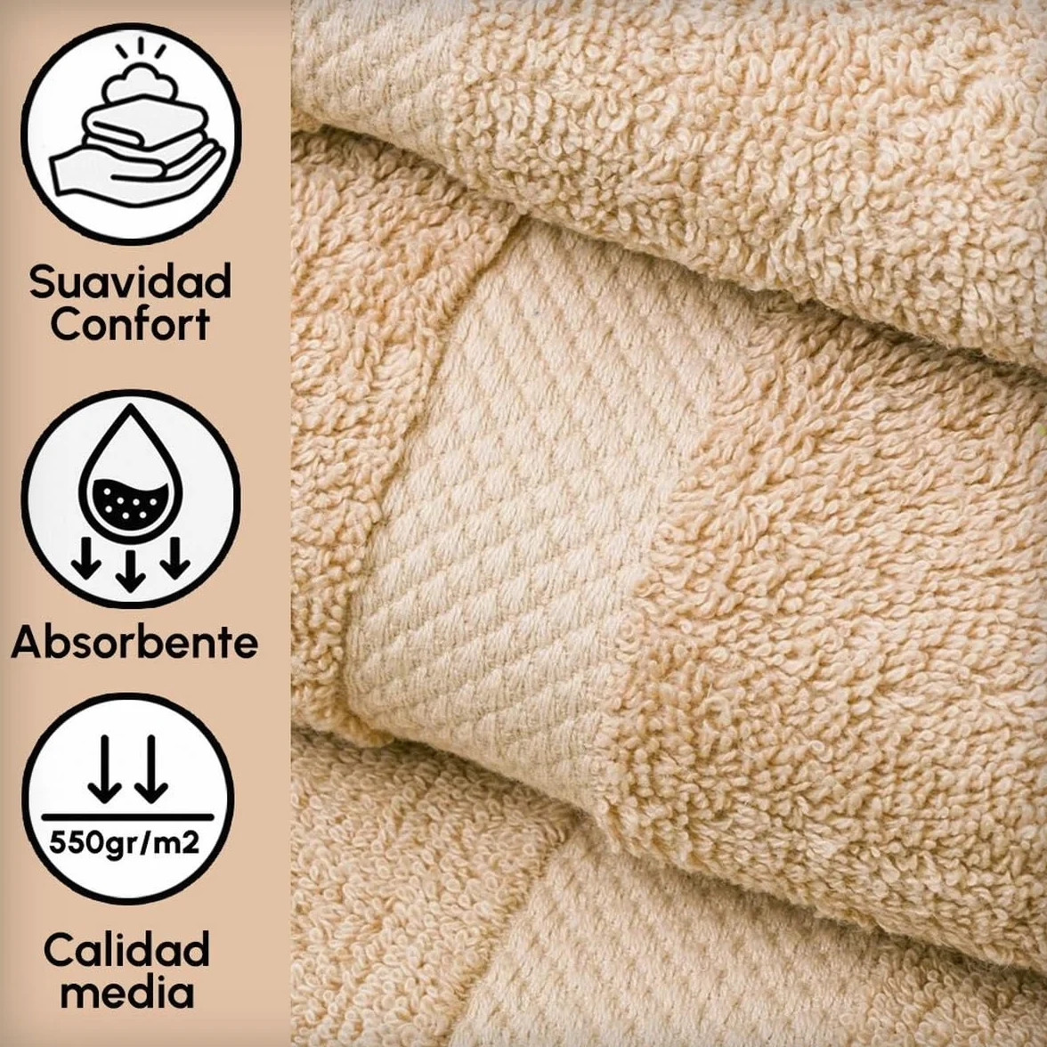 Juego de 8 Toallas de Ducha Color Beige 100% algodón Rizo de 140x70 cm | Tejido suave de gran gramaje con alta absorción. Aptas para lavadora, de uso diario.