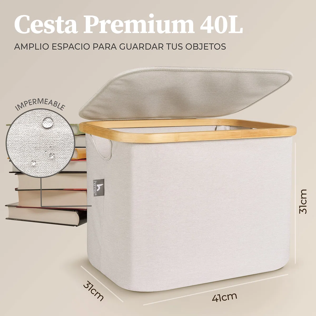 HENNEZ Caja Almacenaje con Tapa - Cestas Almacenaje 40L - Cesto Ropa Sucia - Cajas Almacenaje Decorativas para Estantería Kallax - Cajas de Almacenamiento Tela Bambú Cajas Organizadoras con Tapa Beige