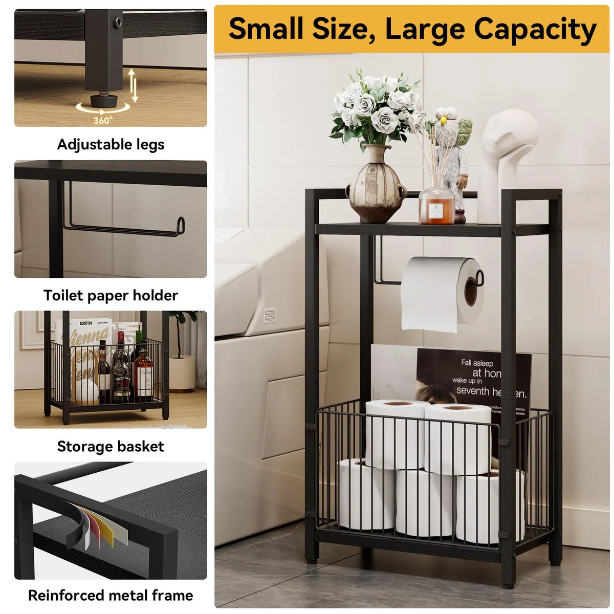IBUYKE Soporte de papel higiénico independiente con estante de almacenamiento, dispensador de rollos de papel higiénico de baño con espacio adicional para rollos, revistas, toallitas húmedas, negro