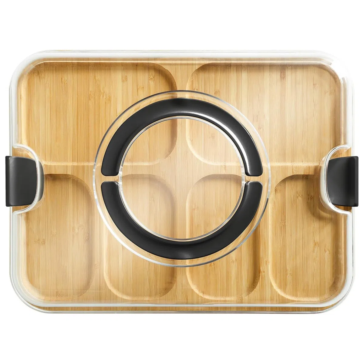 Tablero de charcutería con tapa, 41.9x33cm tablas de charcutería de bambú con mango de tapa transparente, 6 compartimentos que sirven bandeja, tablas de queso portátiles para bocadillos de comida de