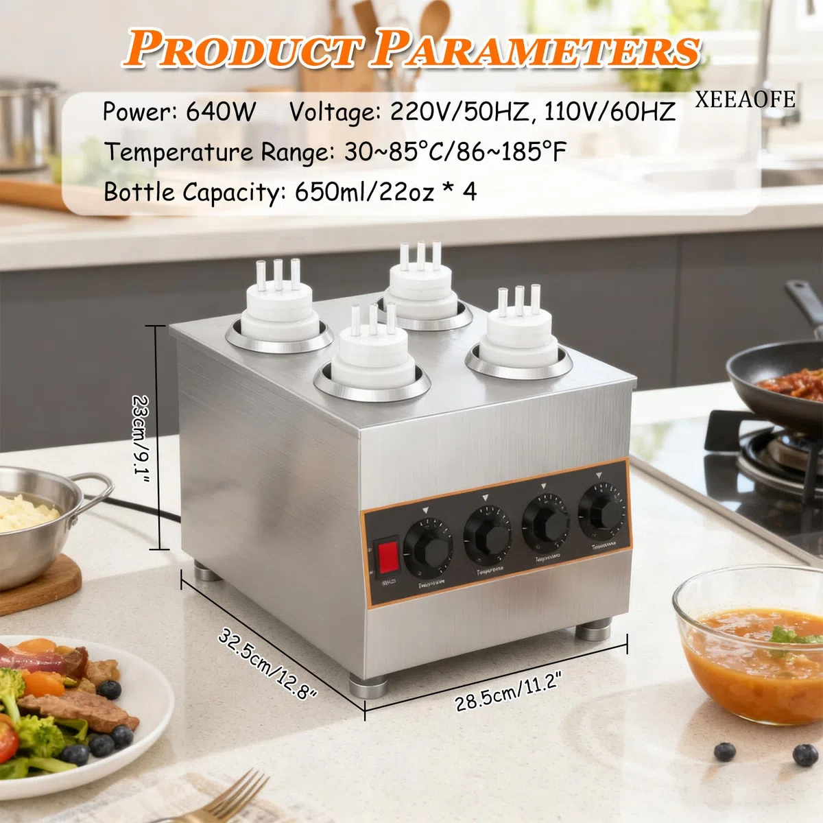 Dispensador de calentador de salsa de encimera, calentador comercial de acero inoxidable para dulce caliente, queso nacho y ketchup con 4 botellas