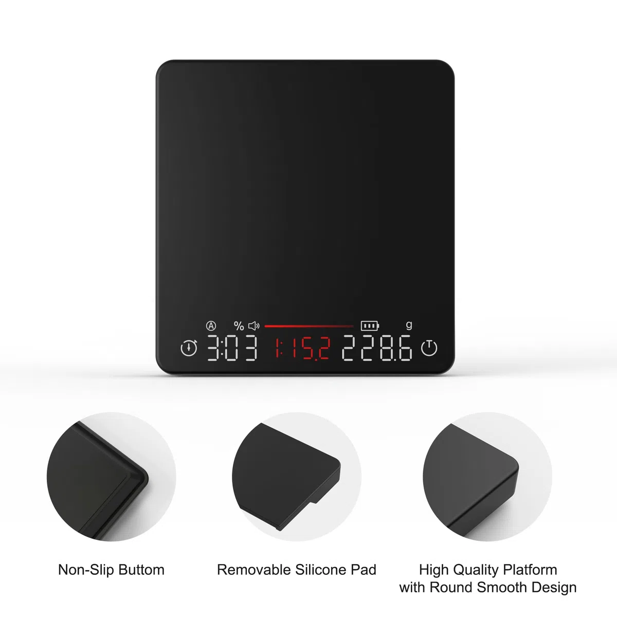 Báscula de café con temporizador, 2 kg/0,1 g, proporciones y visualización de caudal | Báscula de espresso recargable, para vertido, prensa francesa, precisión de grado barista, negro, pesaje digital de cocina