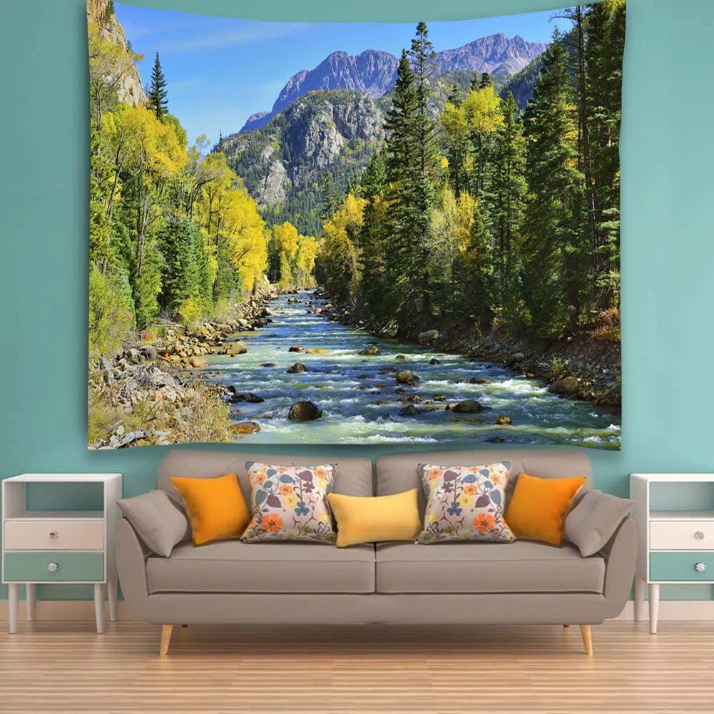 YISURE Tapiz de pared de bosque de montaña corriente, paisaje de la naturaleza pintoresca verde pino árbol de pared Tapices 274 x 208 cm para dormitorio sala de estar