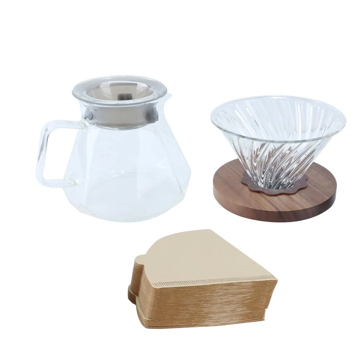 Cafetera de vidrio borosilicato de 600 ml con 100 filtros de papel tamaño 02, mango de nogal y tapa de vidrio, 600 ml, transparente