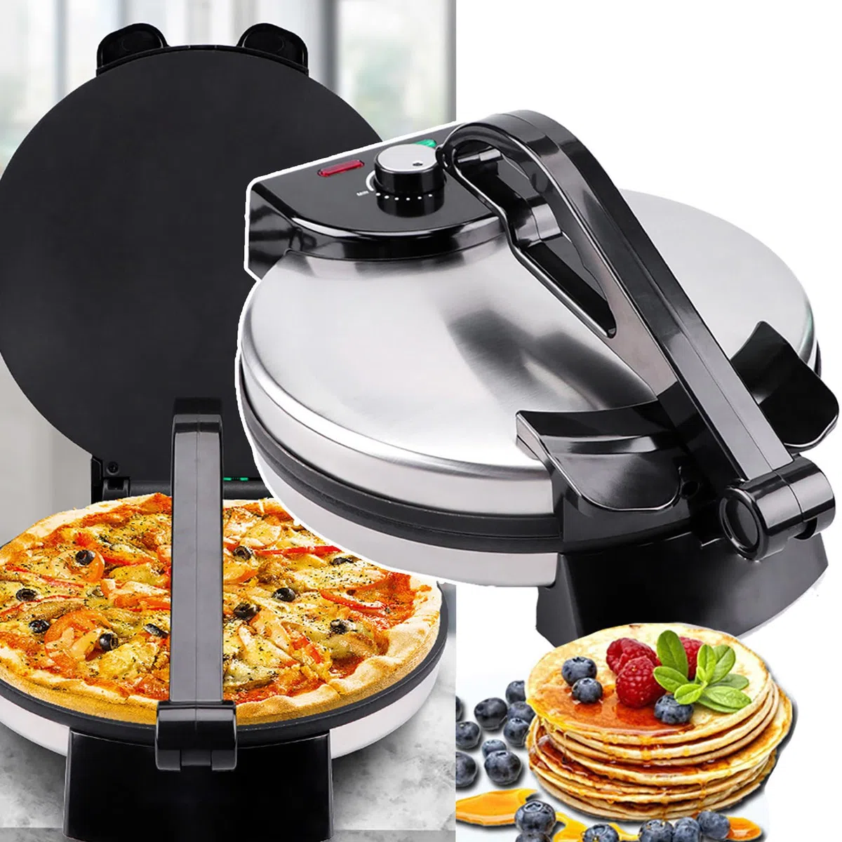 Crepera De 12 Pulgadas, Máquina para Hacer Panqueques Antiadherente De 1800 W: FabricacióN Pita,CalefaccióN De Doble Cara + Indicador Led, Haga Chapati/Tortilla FáCilmente