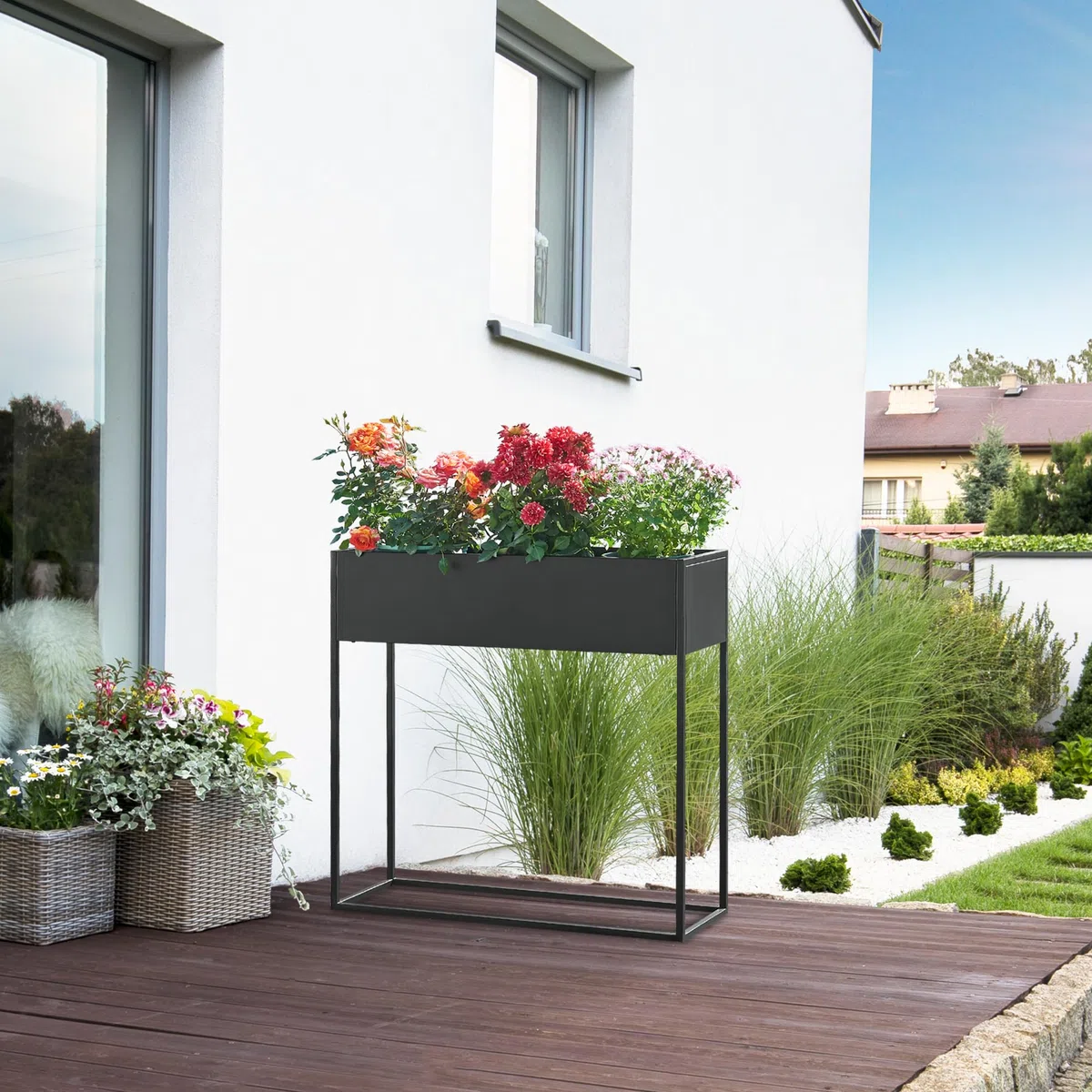 [en.casa] Soporte para Plantas Joensuu con Jardinera Estantería Elevada para Plantas Apto para Interior y Exterior Terraza Salón Oficina Acero 80 x 80 x 25 cm - Negro