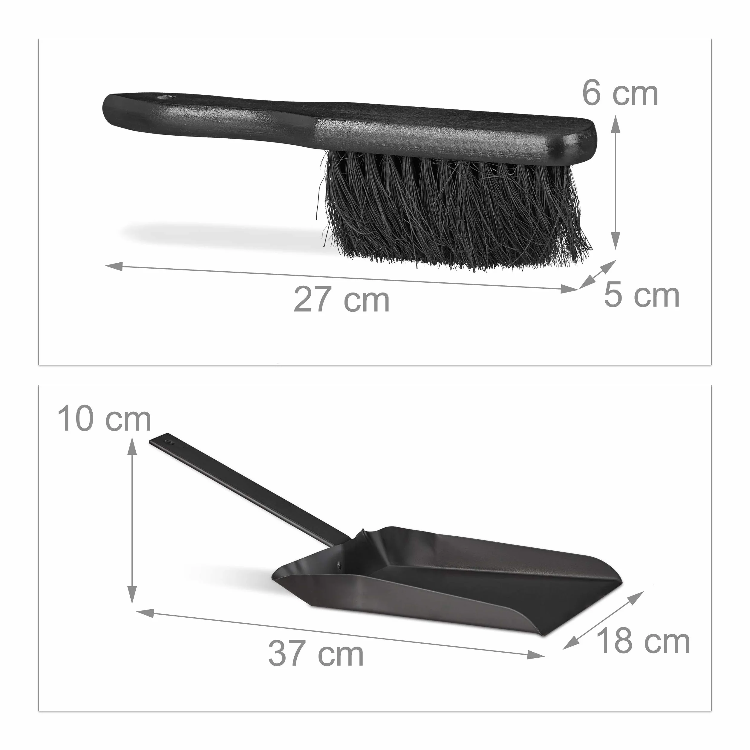 Relaxdays Gusseisen, Kehrset mit Handfeger, Handschaufel, Lochung, Outdoor und Indoor Recogedor para Chimenea con Cepillo, Negro, 37x18x10 cm