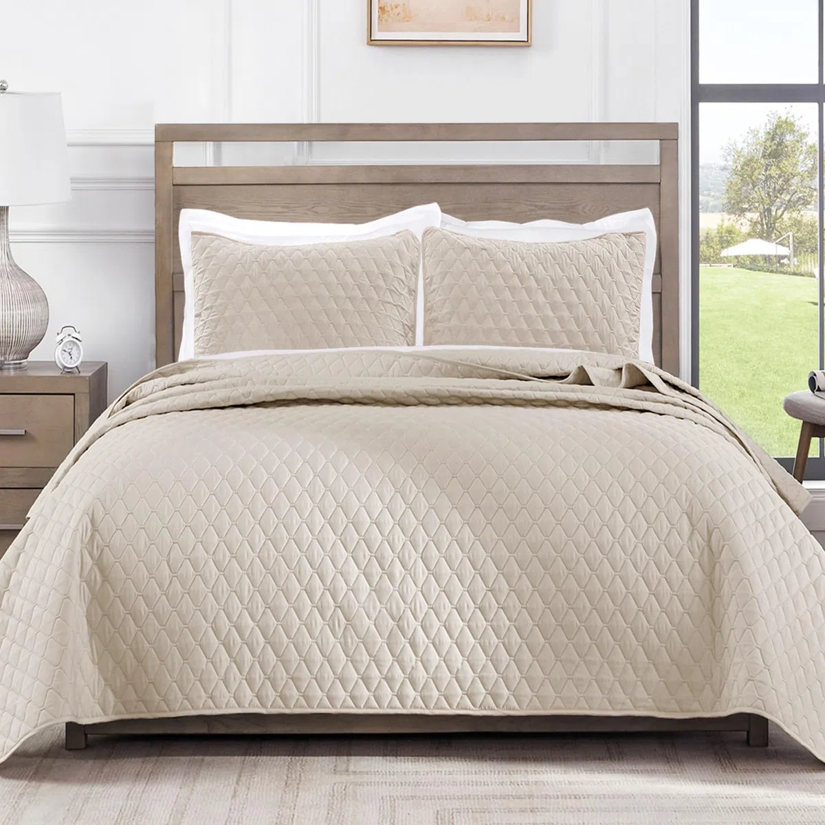 Exclusivo Mezcla Colcha Boutí - Cubrecama para Cama 135/150 (220x240 cm), con 2 Fundas de Almohada 50x65 cm, Reversible, Ligero y Suave, Todas Las Estaciones, Beige